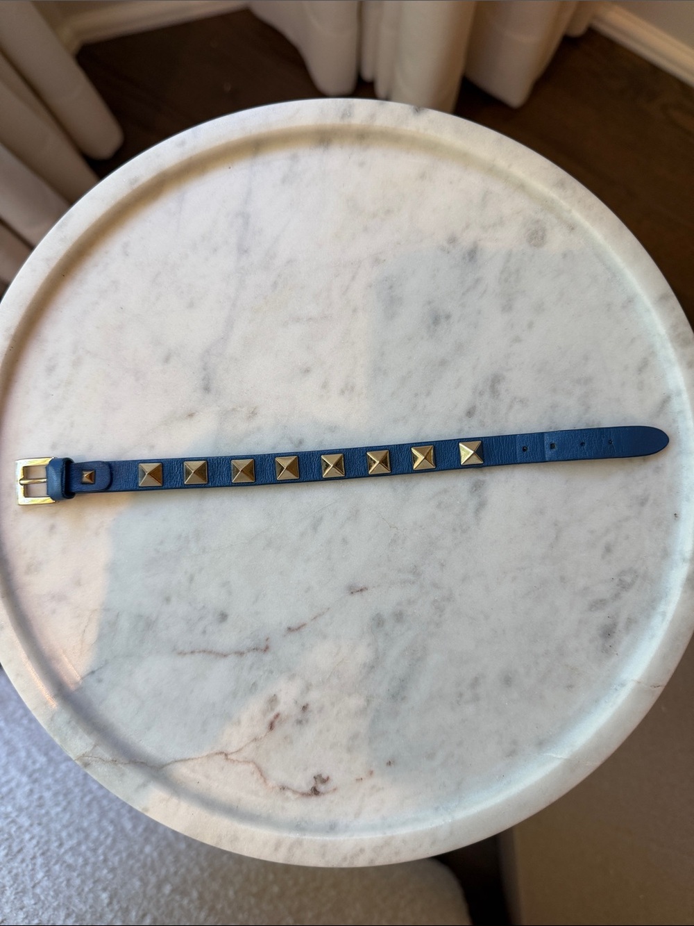 Valentino Blue Leather Rockstud Bracelet with Gold Studs